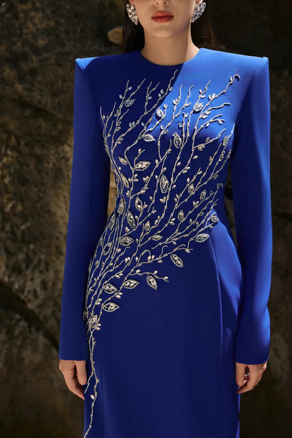 Padded Shoulder Crystal Embellished Straight Dress